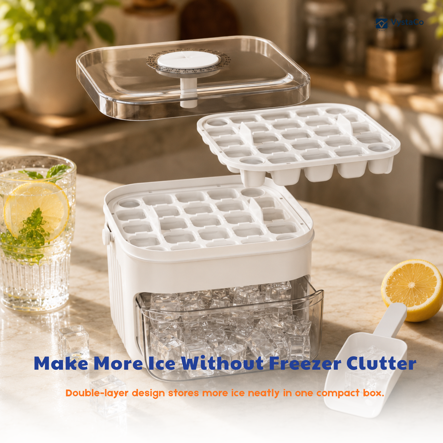 One-Press 50-Cube Ice Cube Tray with Lid & Storage Bin