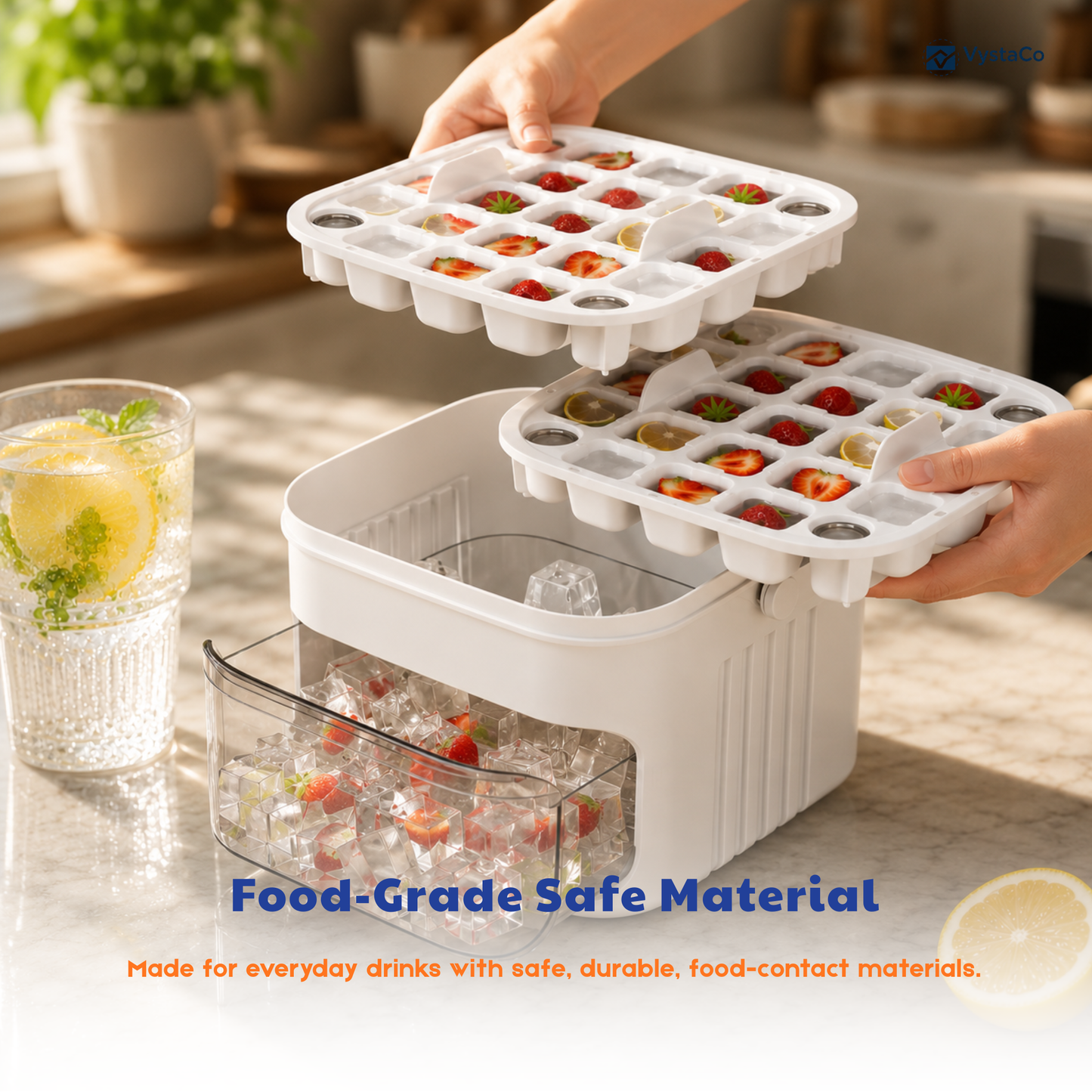 One-Press 50-Cube Ice Cube Tray with Lid & Storage Bin