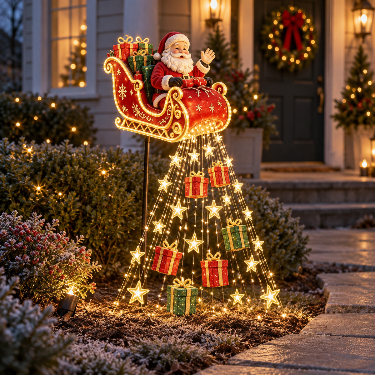 Santa’s Sleigh Solar Christmas Light with Gift & Star Cascade.