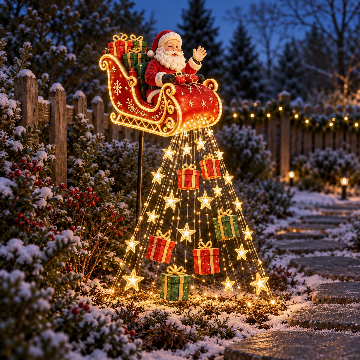 Santa’s Sleigh Solar Christmas Light with Gift & Star Cascade.
