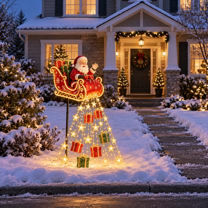 Santa’s Sleigh Solar Christmas Light with Gift & Star Cascade.
