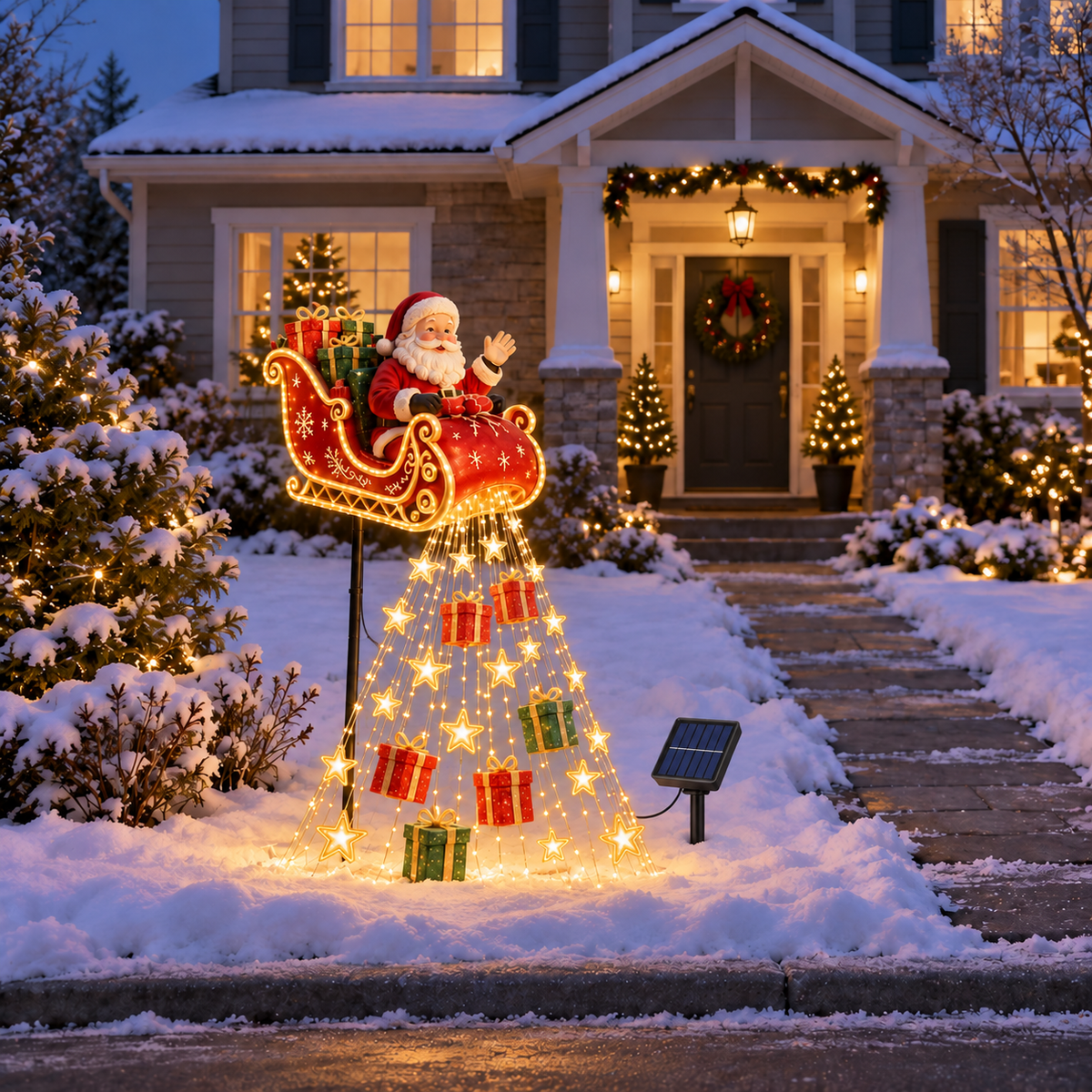 Santa’s Sleigh Solar Christmas Light with Gift & Star Cascade.