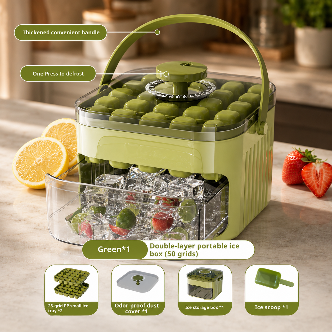 One-Press 50-Cube Ice Cube Tray with Lid & Storage Bin